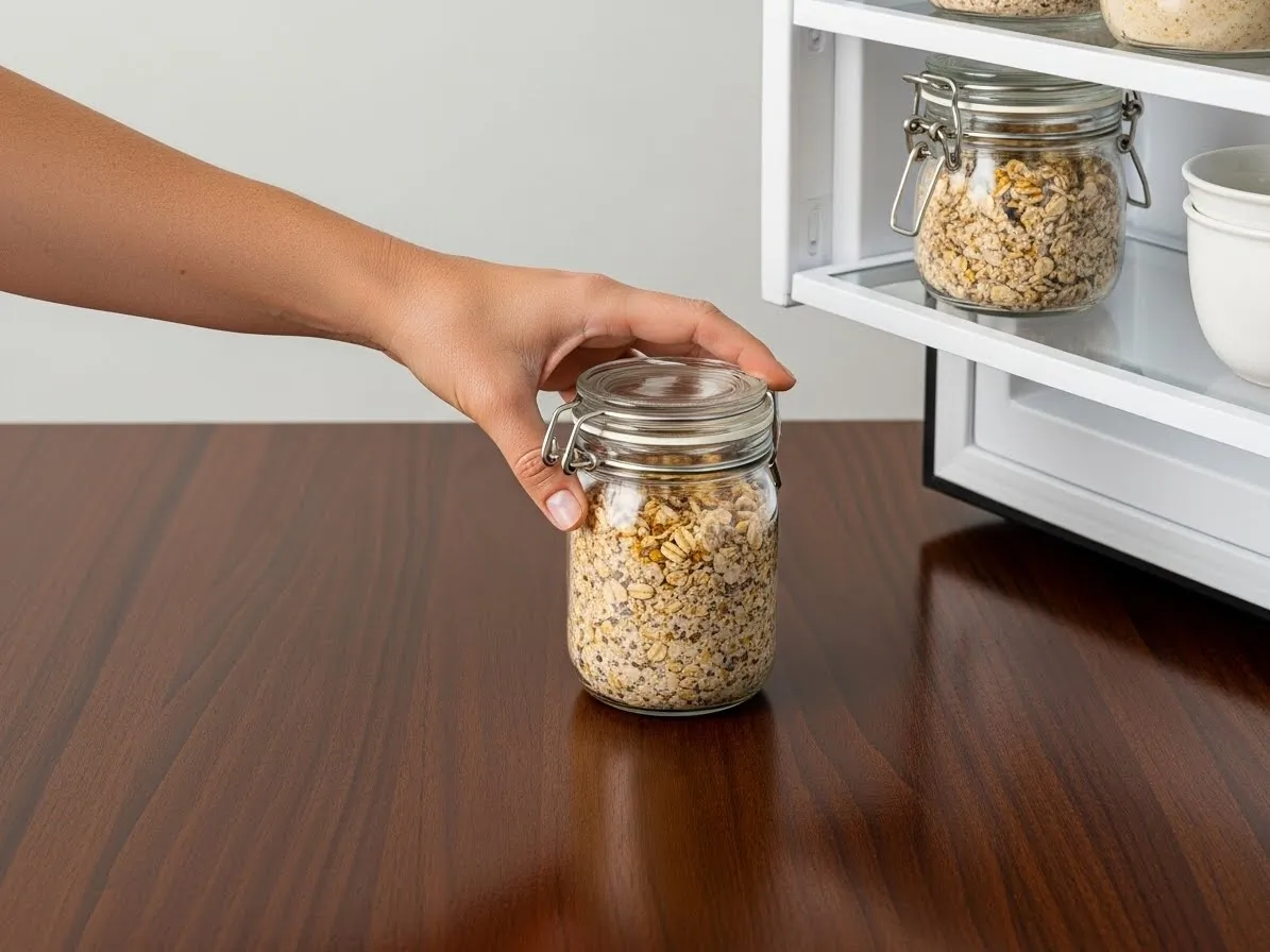 Placing a sealed jar of overnight oats into the refrigerator.