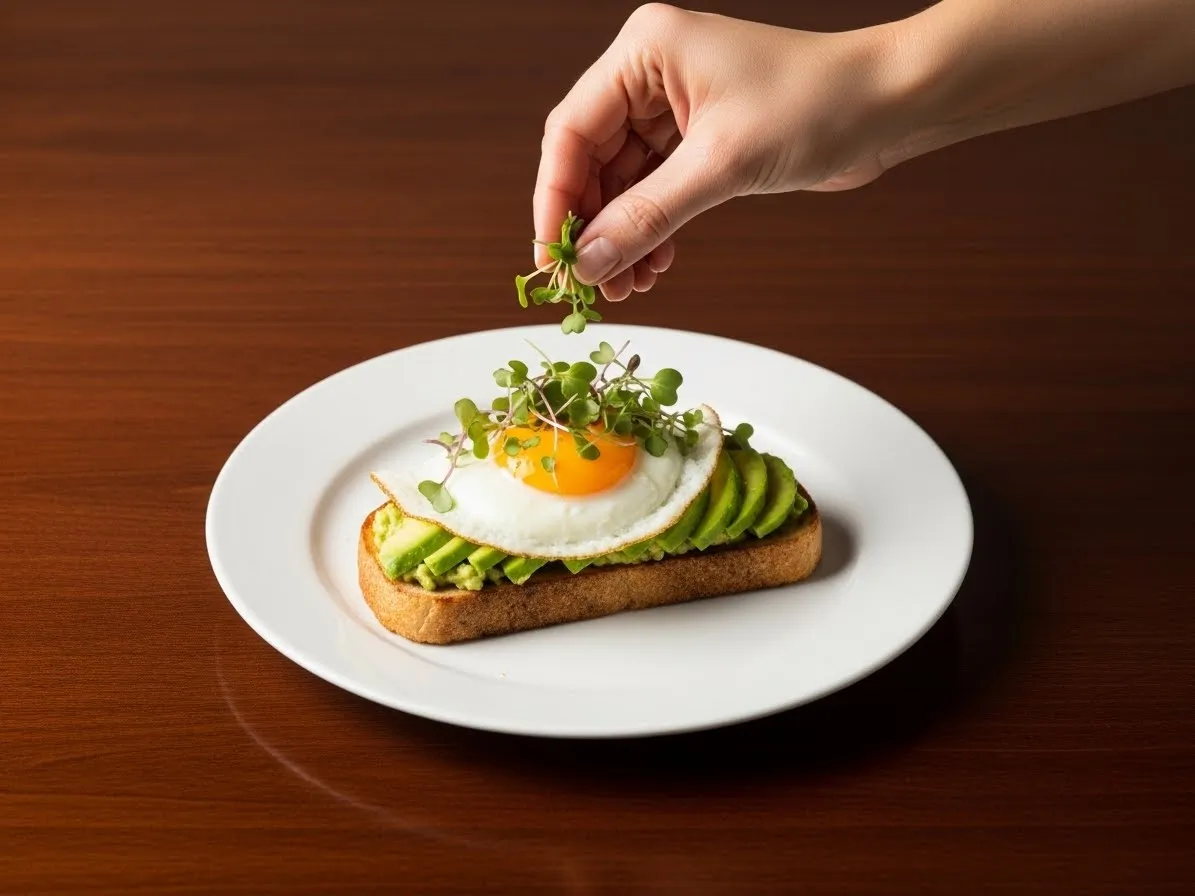 A hand sprinkling fresh microgreens over the finished avocado toast.