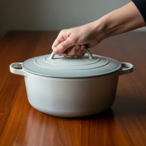A hand gripping the handle of a light-colored enamel Dutch oven on a dark wood table.