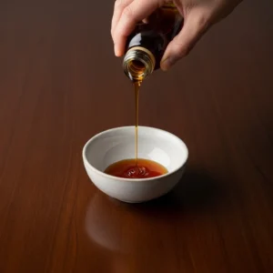 Close-up of a hand pouring maple syrup into a small ceramic bowl.