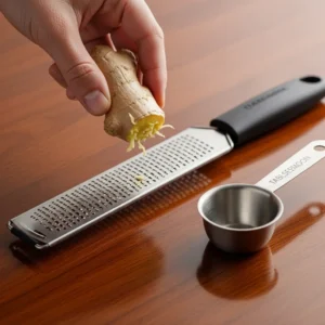A microplane grater and tablespoon measure next to fresh ginger.