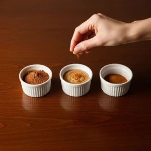 Three small bowls holding flavor add-ins: cocoa powder, almond butter, and cinnamon.