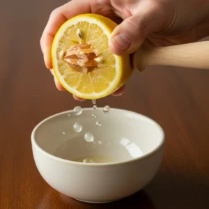 A hand squeezing a lemon with a wooden reamer juicer over a bowl.