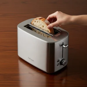 A hand placing a slice of sourdough bread into a toaster on a dark wood table.