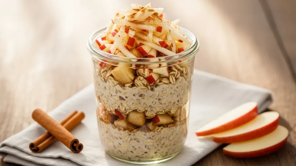 A finished jar of apple cinnamon overnight oats with toppings, ready to eat, on a dark wood table.