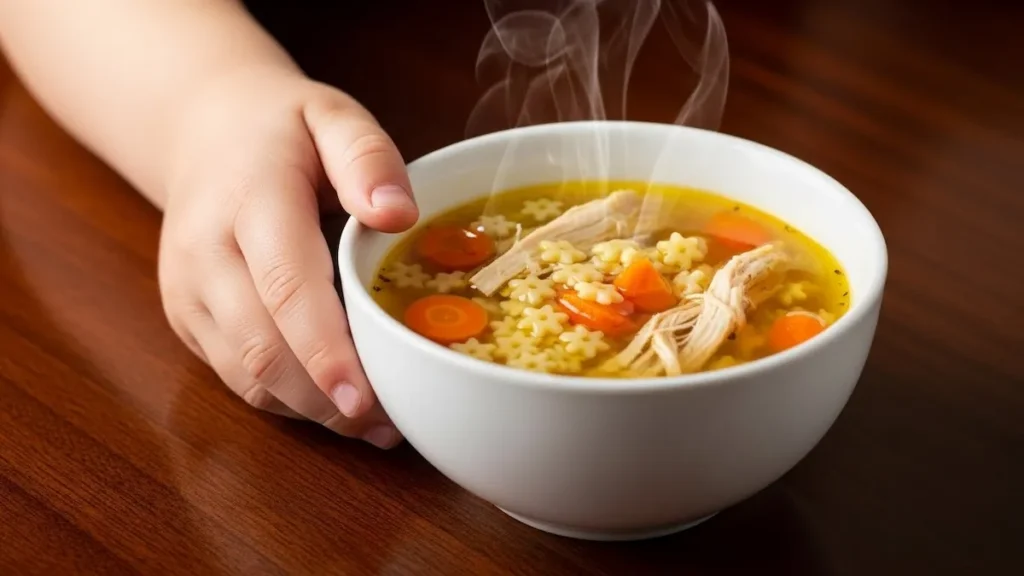 A comforting bowl of golden chicken soup with star pasta and vegetables, steam gently rising, placed on a dark wood table.