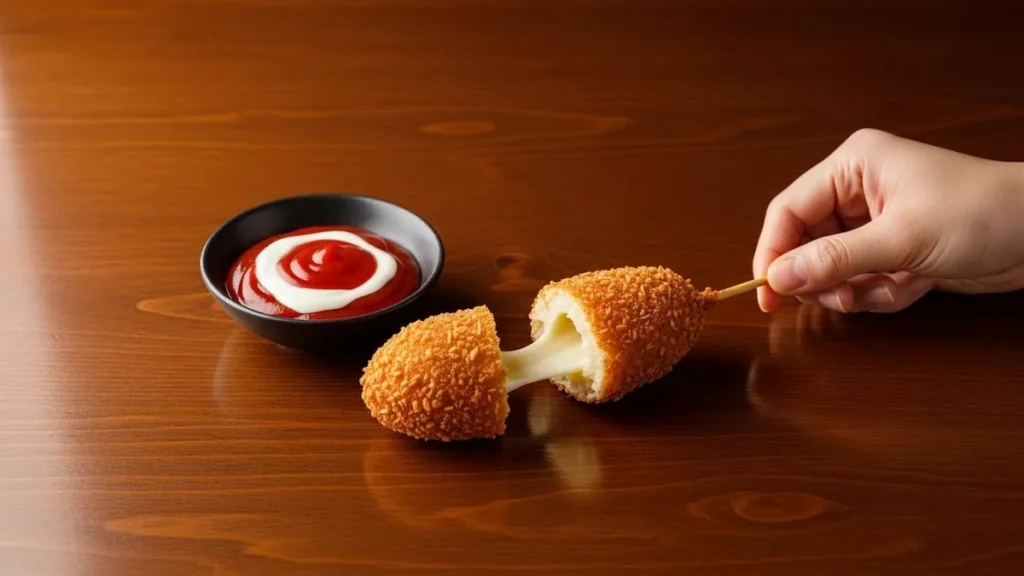 A finished Korean corn dog, cut open with a cheese pull, next to dipping sauce on a dark wood table.