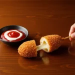 How to Make Perfect Korean Corn Dogs at Home: 5 Secret Tips A finished Korean corn dog, cut open with a cheese pull, next to dipping sauce on a dark wood table.