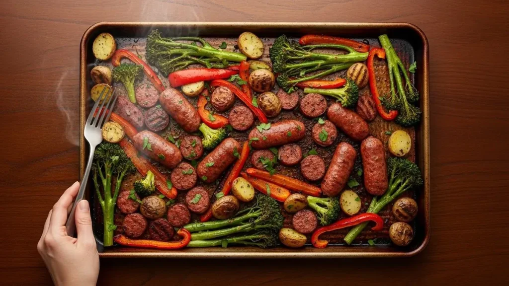 Final roasted sausage and vegetable sheet pan dinner with charred potatoes, broccoli, and peppers, garnished with parsley, on a dark wood table.