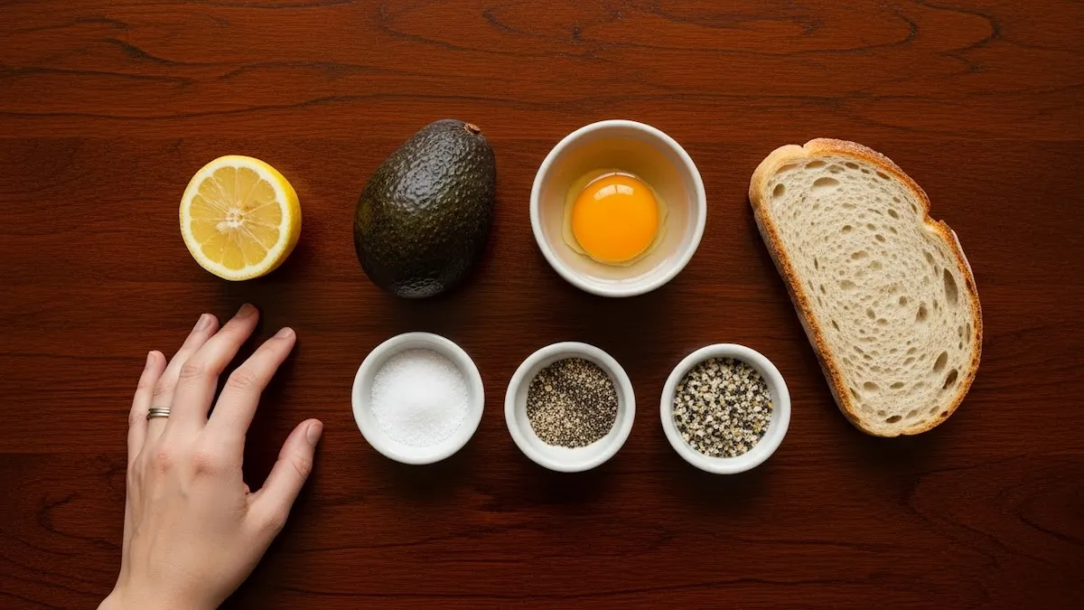 All ingredients for avocado toast with egg arranged on a dark wood table: avocado, egg, bread, lemon, and seasonings.
