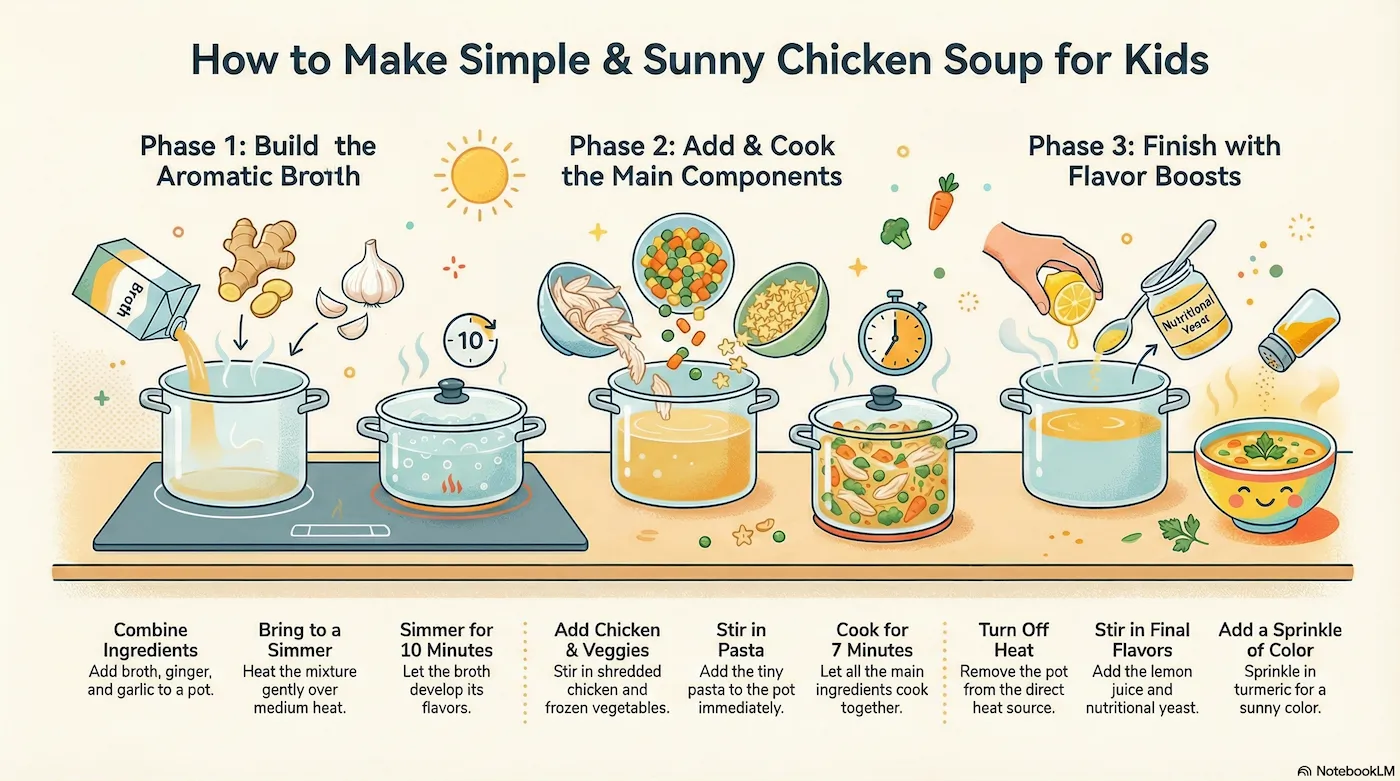 Step-by-step infographic of the 3-phase soup method: build broth, add main ingredients, finish with flavors.
