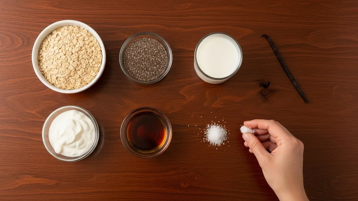 Overhead flat lay of all base ingredients for overnight oats: oats, chia seeds, milk, yogurt, syrup, vanilla, and salt.
