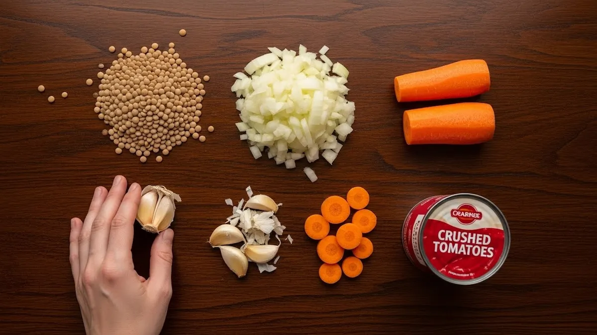 Overhead shot of a hand arranging lentils, chopped onion, garlic, carrot, and a can of crushed tomatoes on a dark wood table.