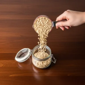A hand pouring rolled oats from a measuring cup into a glass jar.