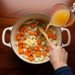 A hand stirring softened onions, carrots, and garlic in a pot as vegetable broth is poured in.
