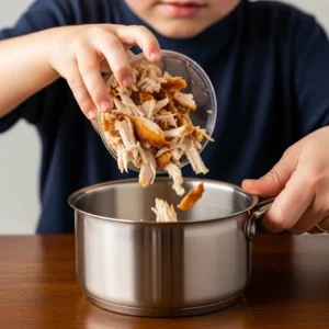 A hand pouring shredded rotisserie chicken into a pot of soup.