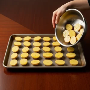 Hand placing oil-coated potato halves in a single layer on a baking sheet.