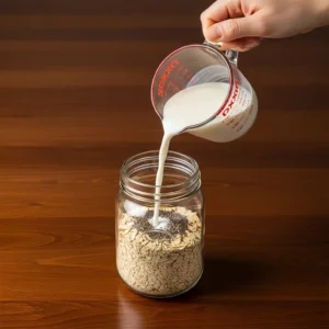 A hand pouring cold milk into a jar that already contains oats and chia seeds.
