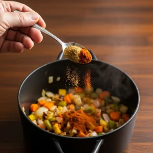 A hand sprinkling ground cumin and smoked paprika from a spoon into a pot.