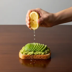 A hand squeezing fresh lemon juice over the mashed avocado on toast.