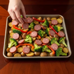 Adding sliced sausage, broccoli, and red pepper strips to the sheet pan with potatoes.