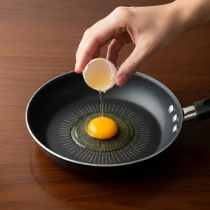 A hand cracking an egg into a hot non-stick frying pan.