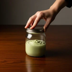 A hand fastening the metal lid securely onto a filled glass jar.