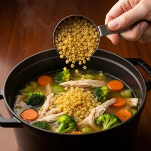 A hand sprinkling tiny star-shaped pasta into the cooking soup.