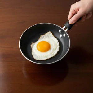 A close-up of a perfectly cooked sunny-side-up egg with a runny yolk in a pan.