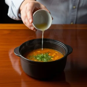 A hand pouring a stream of fresh lemon juice into a pot of finished chicken soup.