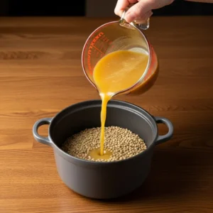 A hand pouring a stream of golden vegetable broth from a measuring cup into a pot with lentils.