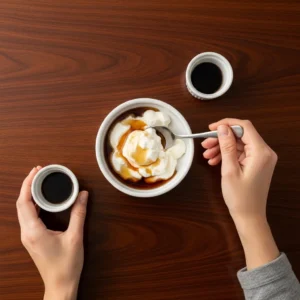 A hand stirring together Greek yogurt, maple syrup, and vanilla in a bowl.