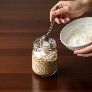 A hand folding the creamy yogurt mixture into the oat base in the jar.