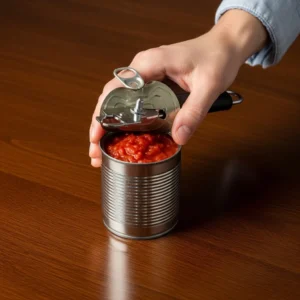 A hand using a can opener on a can of crushed tomatoes, lid partly open.