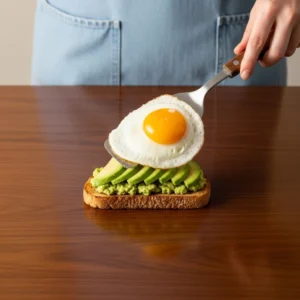 A hand using a spatula to place a cooked egg on top of the avocado toast.