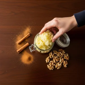 A hand adding grated apple, cinnamon, and walnuts to a jar of oat base.