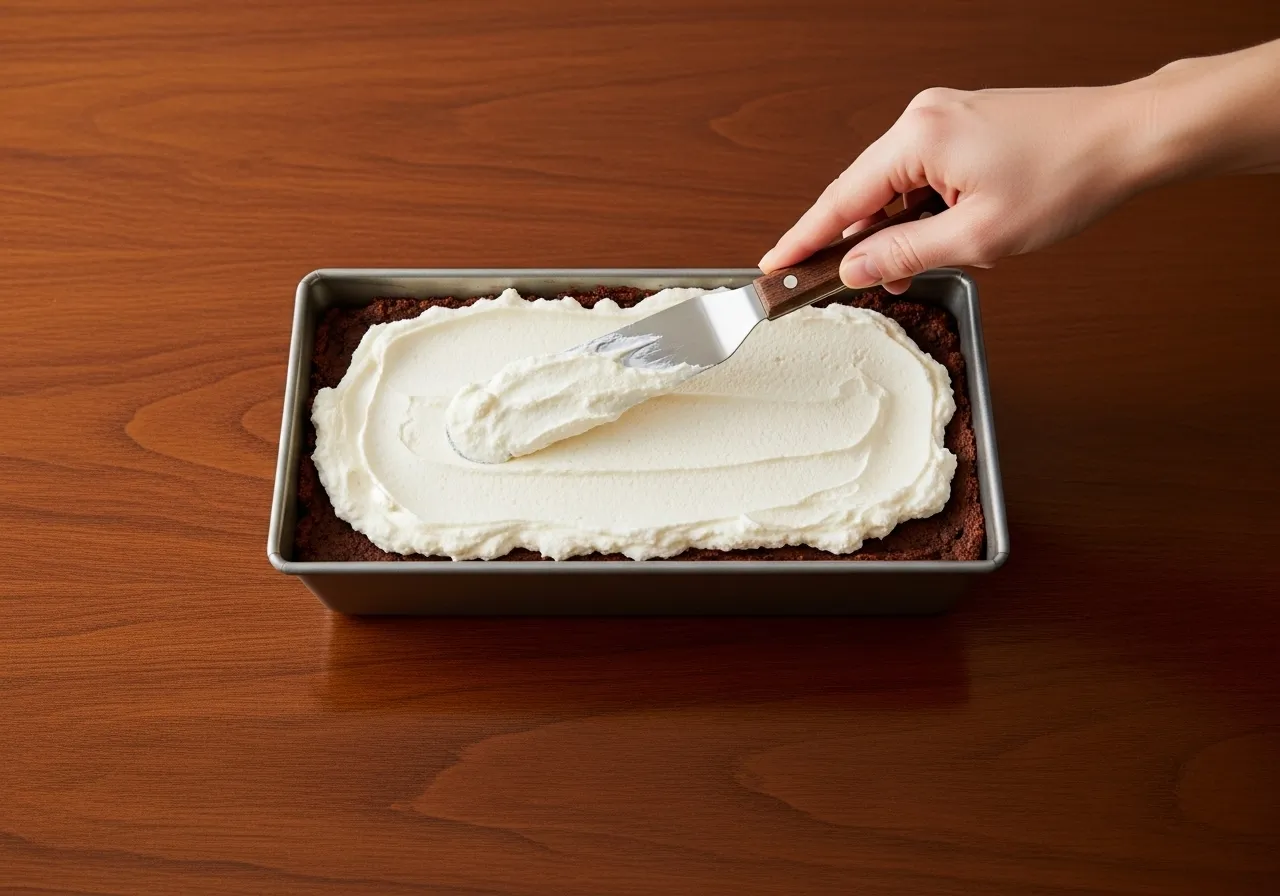 A hand spreading the smooth orange-zested cottage cheese layer over the fudgy base.