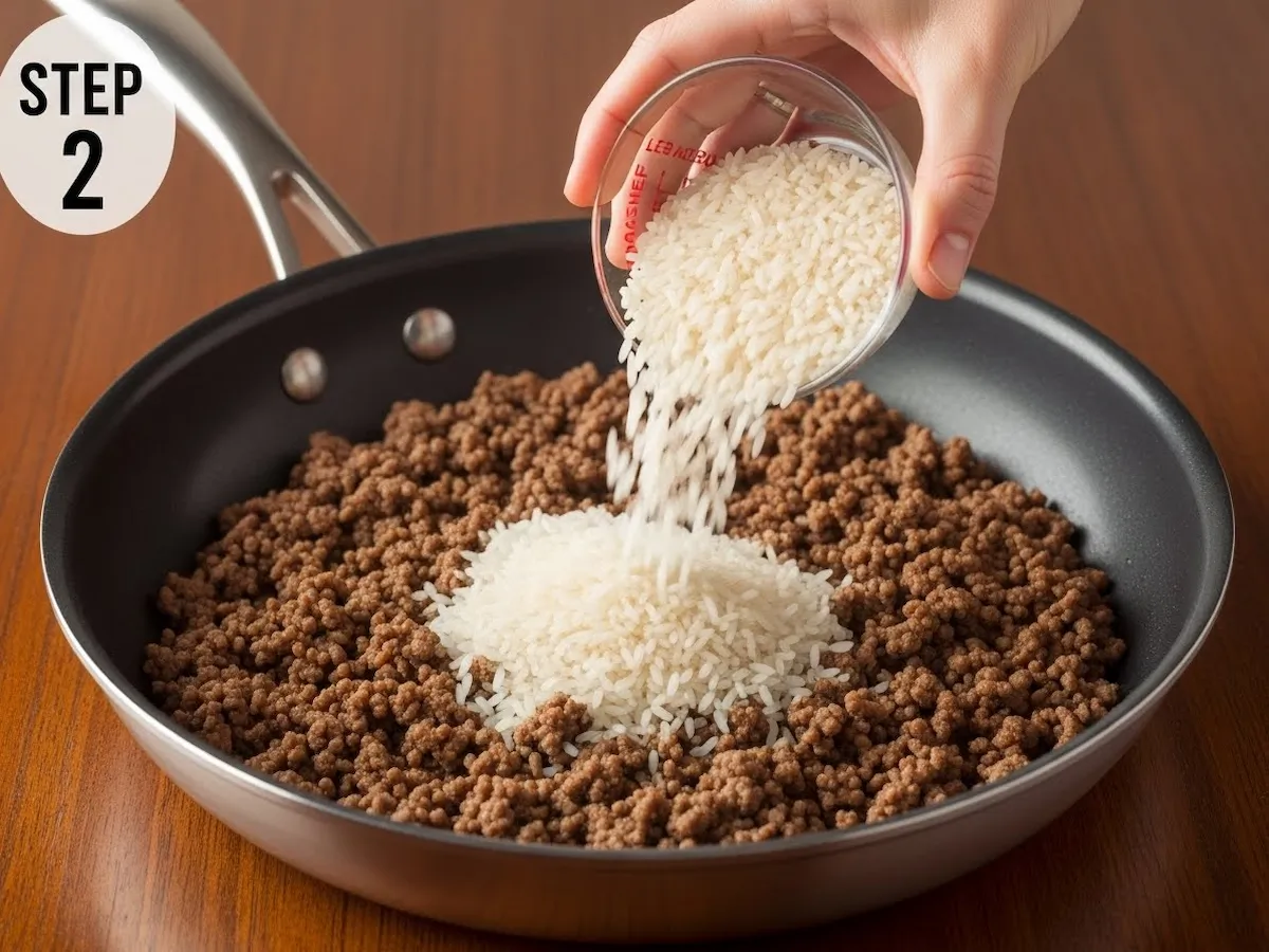 Adding uncooked white rice to the skillet with ground beef.