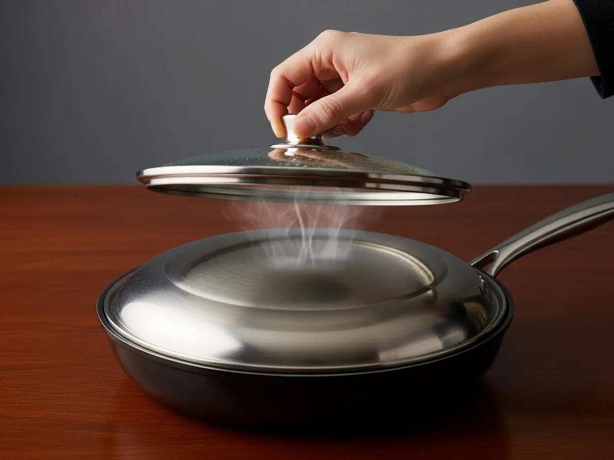 A covered skillet simmering, with a wisp of steam escaping from under the lid.