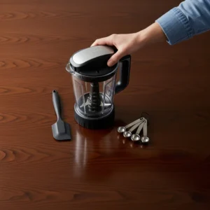 A high-powered blender, spatula, and measuring spoons placed on a dark wood table for making no-bake protein bars.