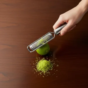 A hand zesting a lime with a microplane over a dark wood table.