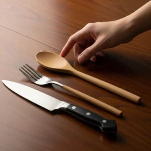 A wooden spoon, fork, and chef's knife arranged on a table with a hand reaching for the spoon.