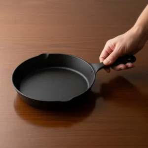A well-seasoned cast iron skillet placed on a dark wood table.