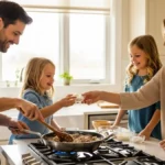 Easy One Pot Ground Beef and Rice (Just 30 Min, Under $10) A happy family of four, parents and two children, cooking ground beef and rice together in a modern kitchen.