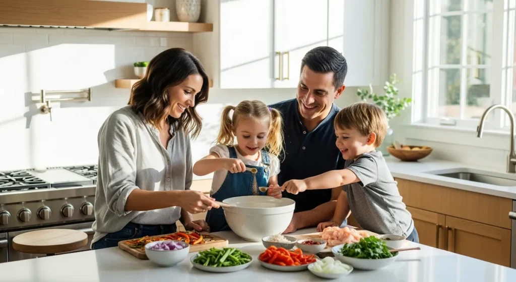 A happy family of four cooking chicken fajitas together in a modern kitchen, parents and kids smiling as they mix ingredients.
