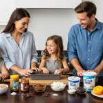 No-Bake High-Protein Dessert Bar for Weight Loss (9 Ingredients) A happy family of four working together to make no-bake high-protein dessert bars in their modern kitchen, with all recipe ingredients spread on the wood table.