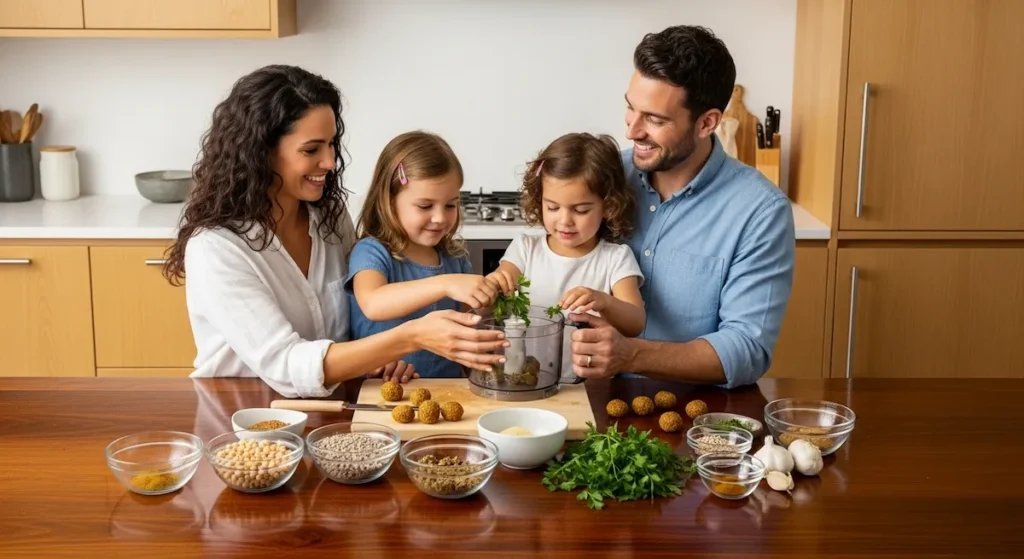 A happy family of four preparing homemade falafel together in a bright kitchen with ingredients spread on a dark wood table.