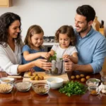 Crispy Falafel Recipe (5 Secrets for Best Results) A happy family of four preparing homemade falafel together in a bright kitchen with ingredients spread on a dark wood table.