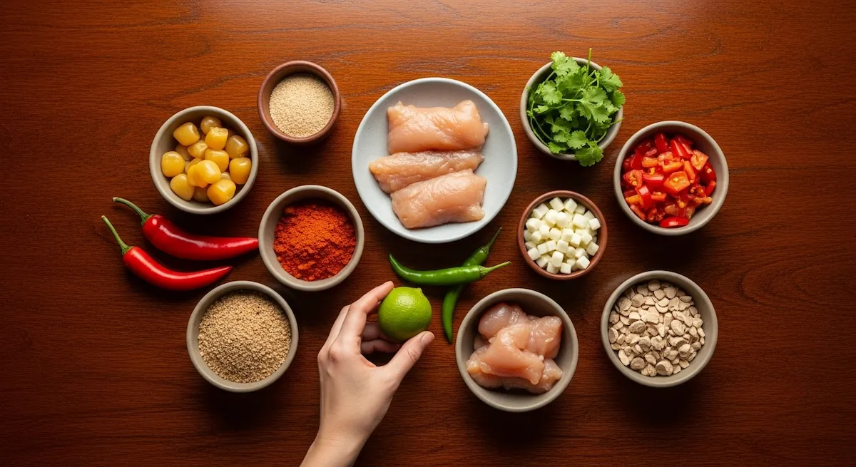 All ingredients for chicken fajitas laid out on a dark wood table: chicken, peppers, onions, limes, and spices.