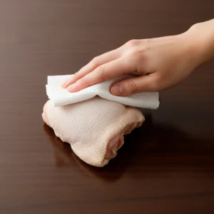 Patting a boneless chicken thigh dry with a paper towel.
